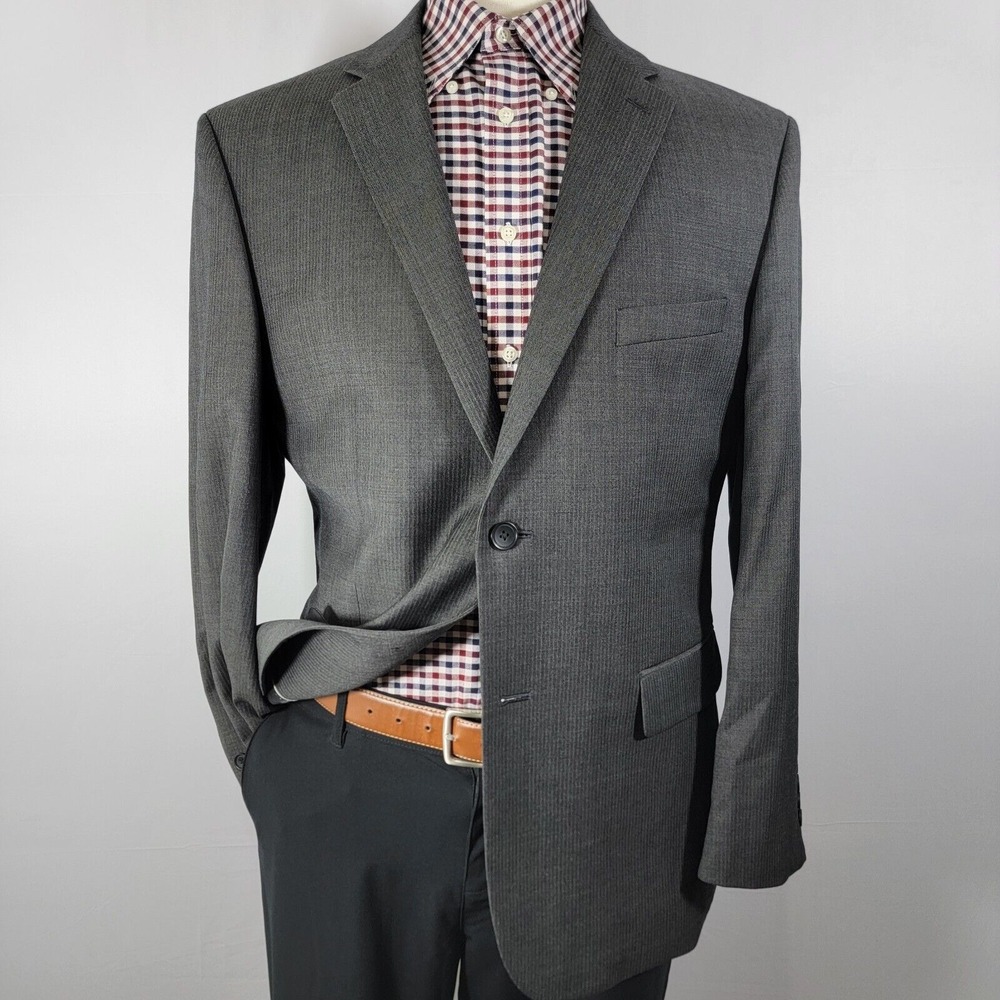 Kenneth Cole Mens Sport Coat Two Button Herringbone Wool Blend Gray Slim Fit 44R